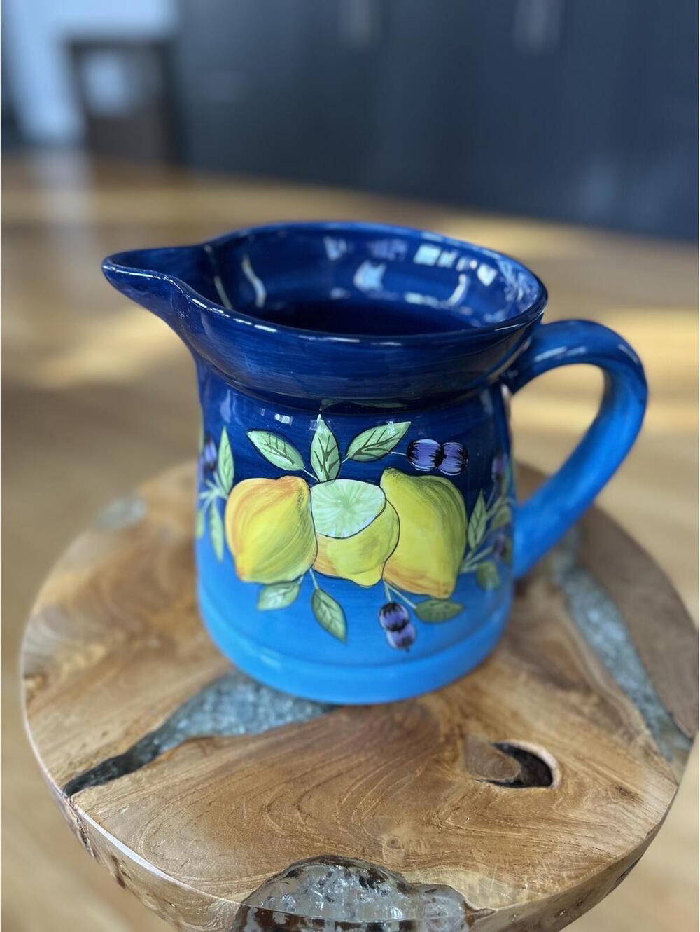 LAURIE GATES Ware Glazed Ceramic PITCHER Blue with Fruit